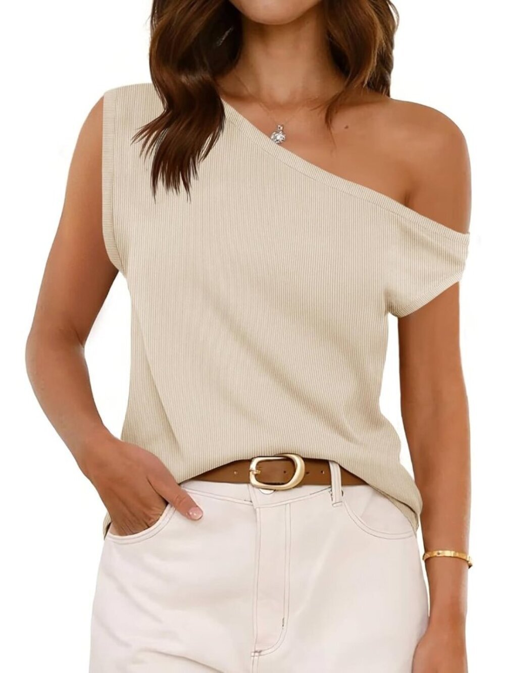 Women's Beige Ribbed Off One Shoulder Slouchy Short Sleeve Tee Top